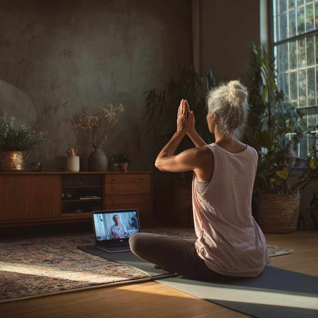 Жінка 52 років практикує йогу вдома перед ноутбуком, на екрані якого видно онлайн-заняття