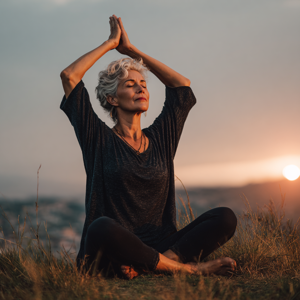 Жінка 55 років виконує асану йоги на природі, світло заходу сонця створює м'яке сяйво навколо неї