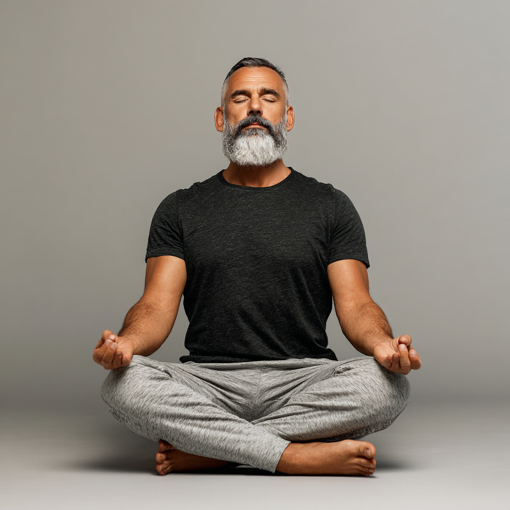 Чоловік 58 років у зручному одязі виконує просту позу йоги, його обличчя виражає спокій та зосередженість