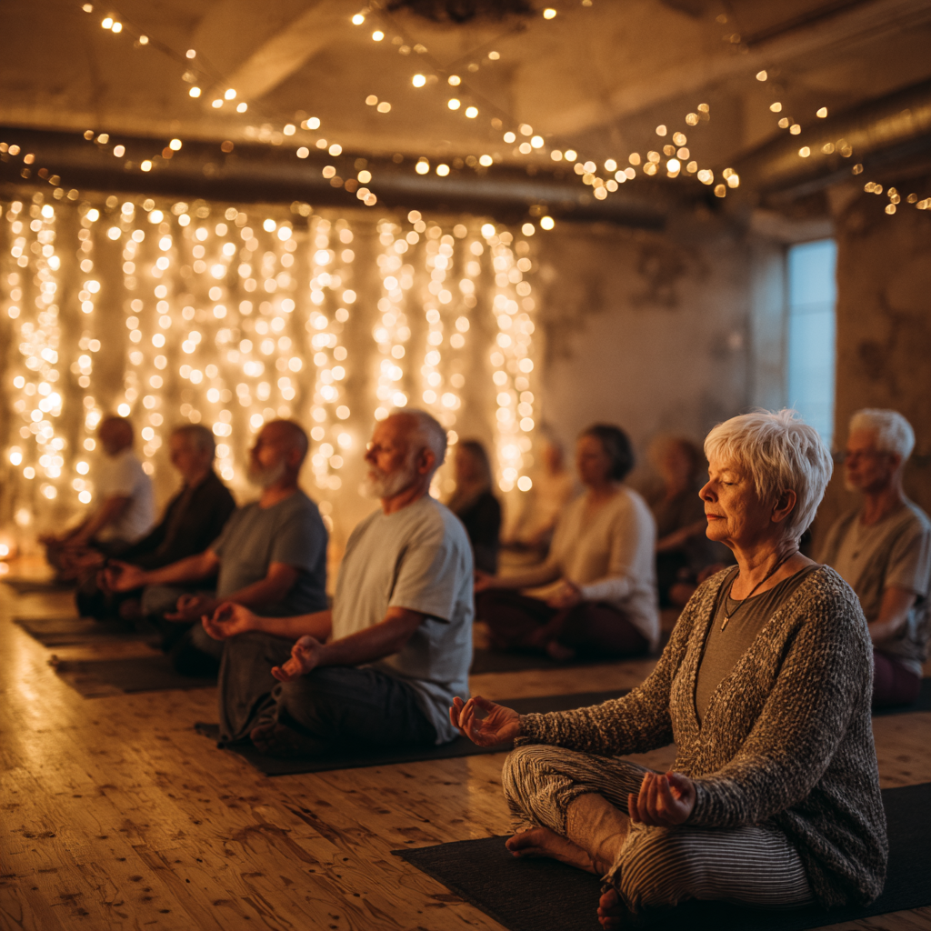 Група людей віком 50-60 років сидить у медитативних позах в затишній студії з м'яким освітленням